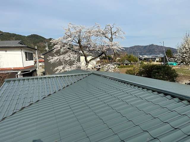 富士河口湖町で平屋建ての屋根をモスグリーンで塗装しました